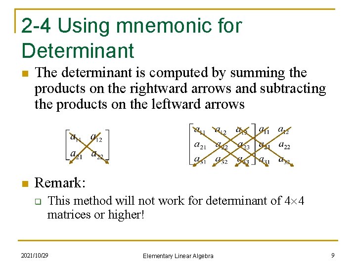 2 -4 Using mnemonic for Determinant n The determinant is computed by summing the