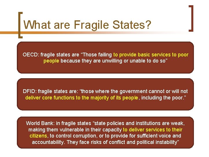 What are Fragile States? OECD: fragile states are “Those failing to provide basic services