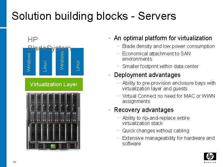 Solution building blocks - Servers • An optimal platform for virtualization − Blade density