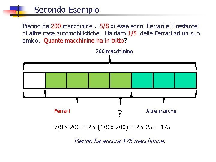 Secondo Esempio Pierino ha 200 macchinine. 5/8 di esse sono Ferrari e il restante