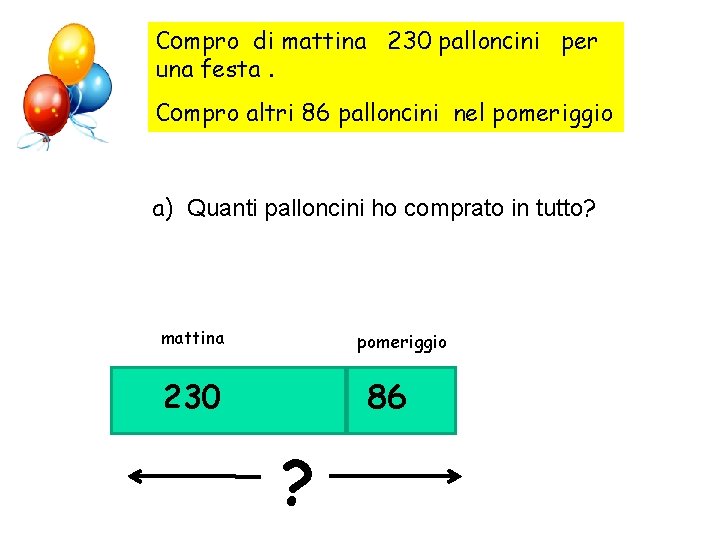 Compro di mattina 230 palloncini per una festa. Compro altri 86 palloncini nel pomeriggio