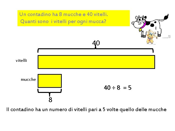 Un contadino ha 8 mucche e 40 vitelli. Quanti sono i vitelli per ogni