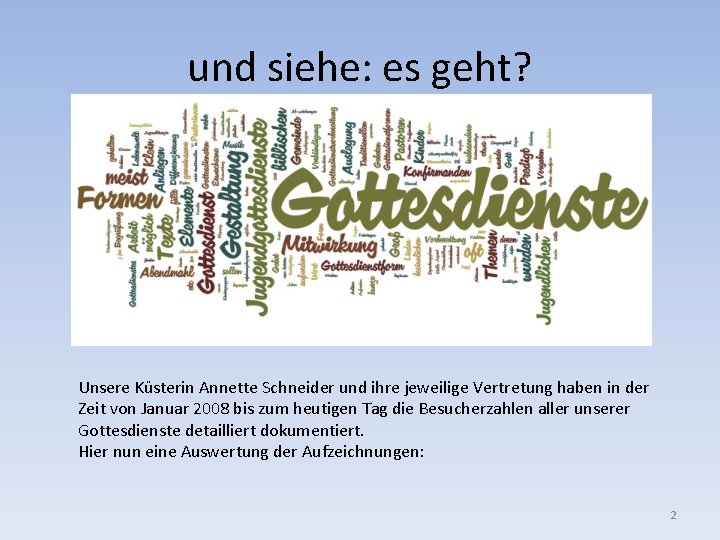 und siehe: es geht? Unsere Küsterin Annette Schneider und ihre jeweilige Vertretung haben in