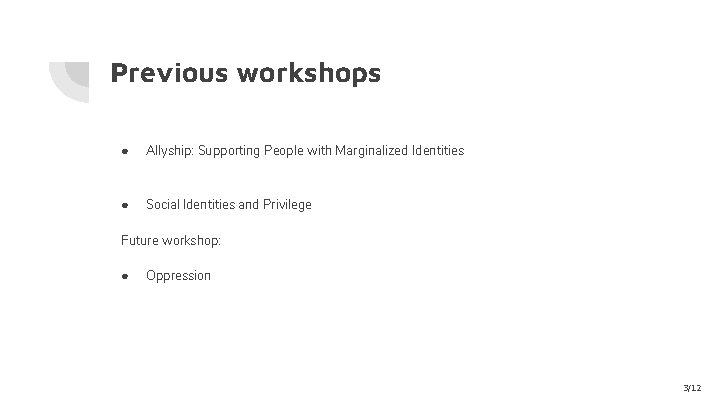 Previous workshops ● Allyship: Supporting People with Marginalized Identities ● Social Identities and Privilege