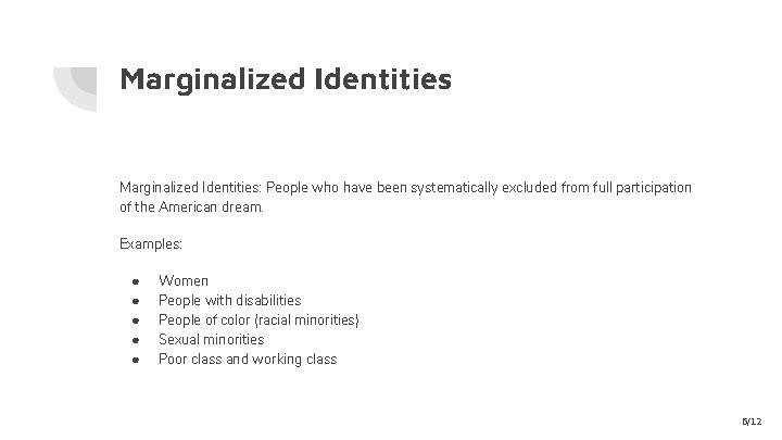 Marginalized Identities: People who have been systematically excluded from full participation of the American