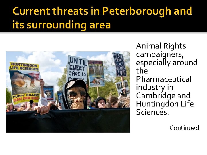 Current threats in Peterborough and its surrounding area Animal Rights campaigners, especially around the