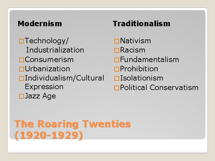Modernism Traditionalism � Technology/ � Nativism Industrialization � Consumerism � Urbanization � Individualism/Cultural Expression