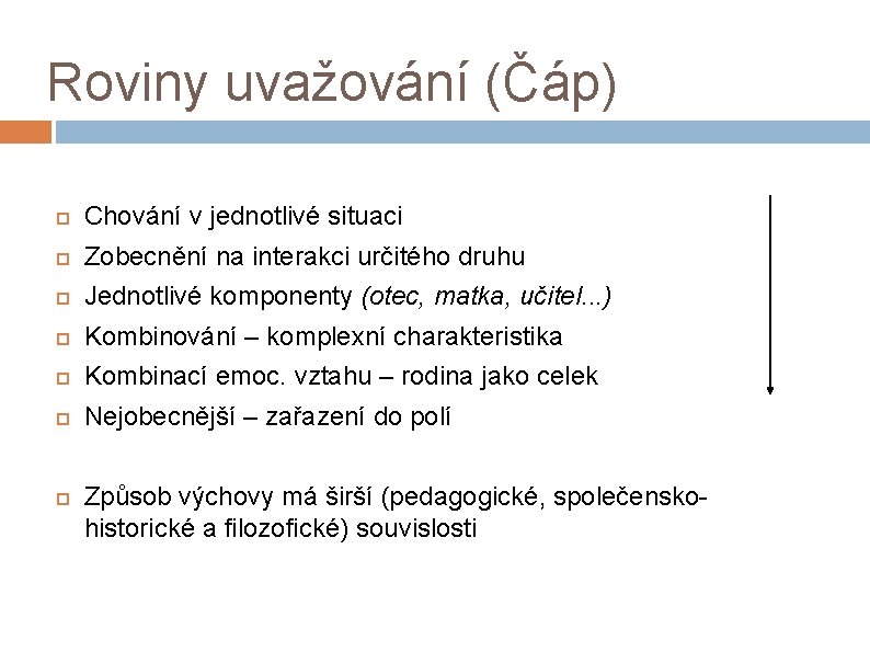 Roviny uvažování (Čáp) Chování v jednotlivé situaci Zobecnění na interakci určitého druhu Jednotlivé komponenty