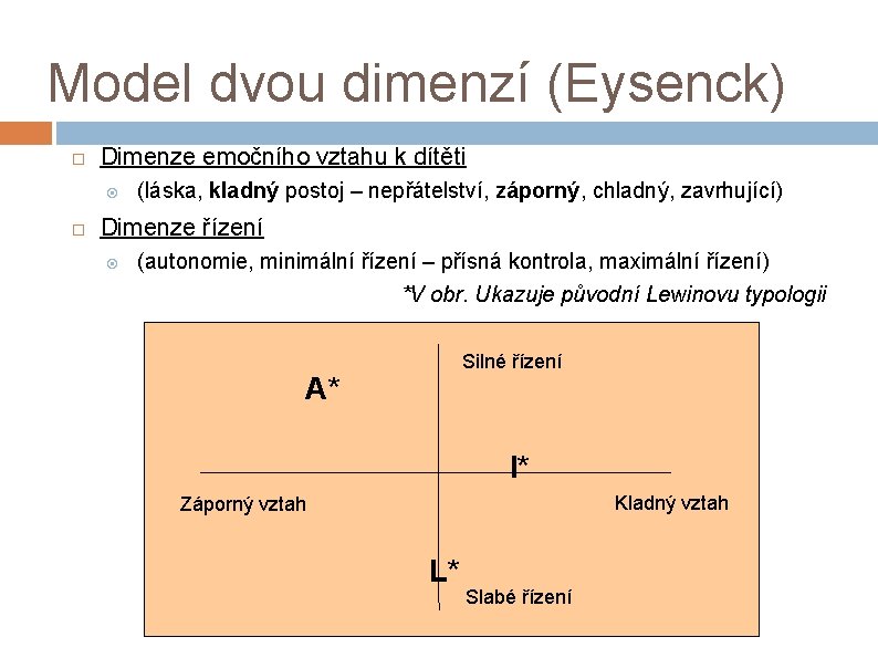 Model dvou dimenzí (Eysenck) Dimenze emočního vztahu k dítěti (láska, kladný postoj – nepřátelství,