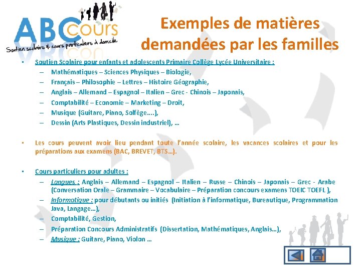 Exemples de matières demandées par les familles • Soutien Scolaire pour enfants et adolescents