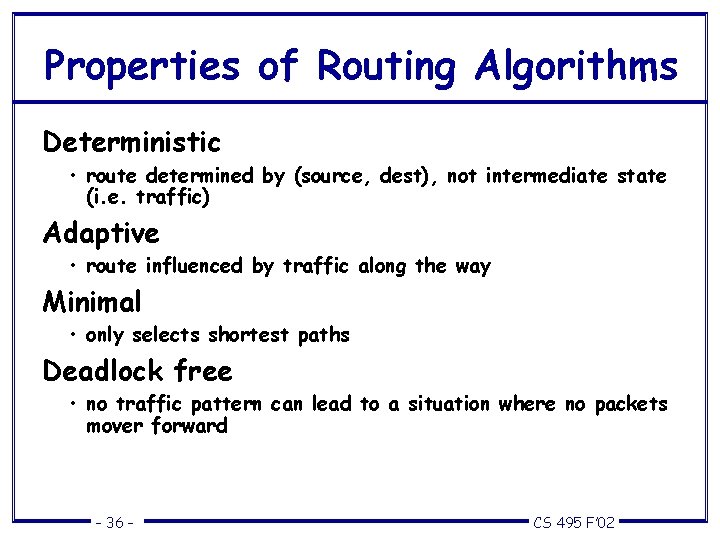 Properties of Routing Algorithms Deterministic • route determined by (source, dest), not intermediate state