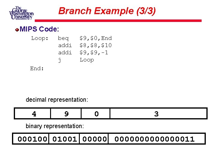 Branch Example (3/3) MIPS Code: Loop: beq addi j $9, $0, End $8, $10