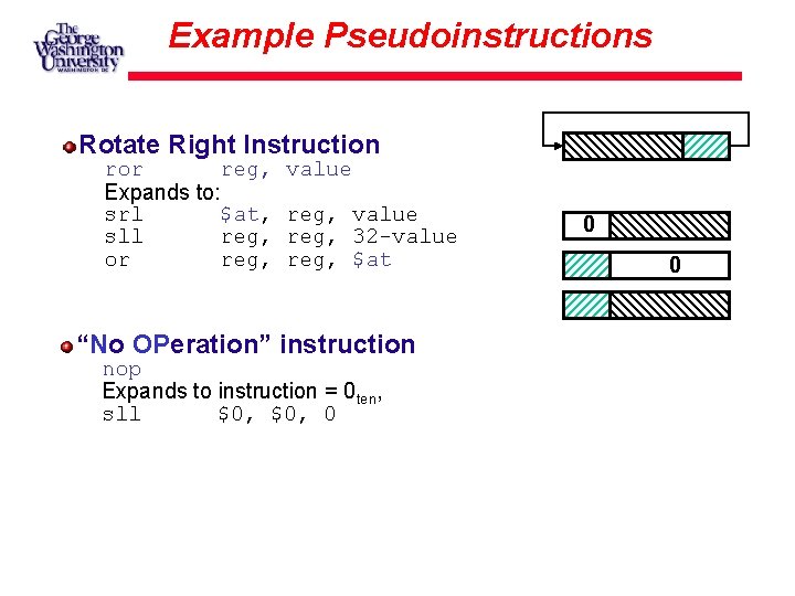 Example Pseudoinstructions Rotate Right Instruction ror reg, Expands to: srl $at, sll reg, or