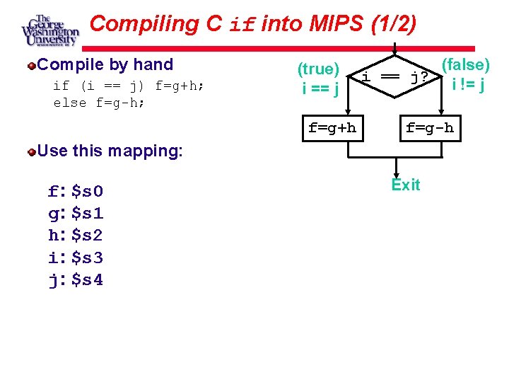 Compiling C if into MIPS (1/2) Compile by hand if (i == j) f=g+h;