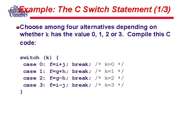 Example: The C Switch Statement (1/3) Choose among four alternatives depending on whether k
