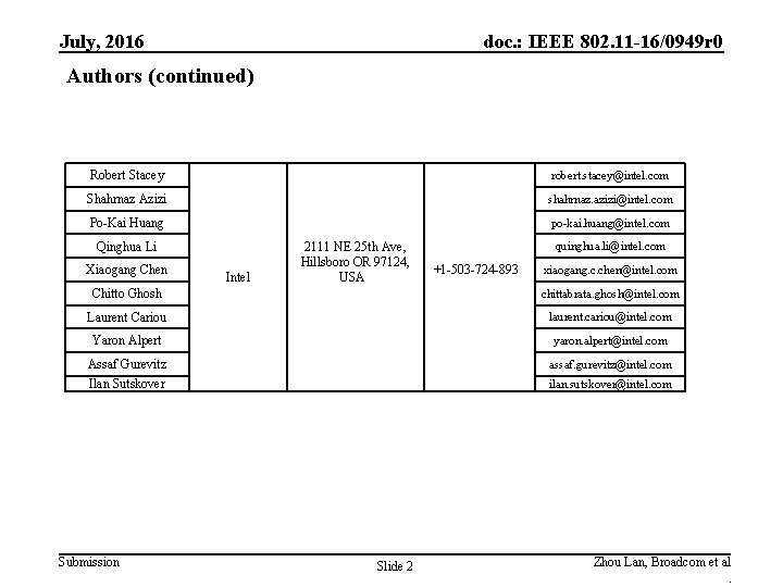 July, 2016 doc. : IEEE 802. 11 -16/0949 r 0 Authors (continued) Robert Stacey