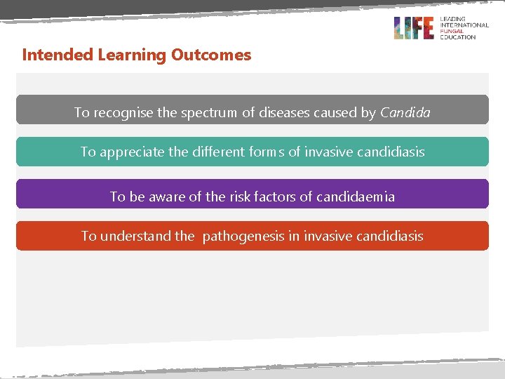 Intended Learning Outcomes To recognise the spectrum of diseases caused by Candida To appreciate Intended Learning Outcomes To recognise the spectrum of diseases caused by Candida To appreciate