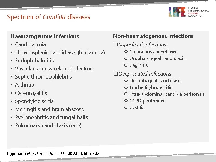 Spectrum of Candida diseases Haematogenous infections • Candidaemia • Hepatosplenic candidiasis (leukaemia) • Endophthalmitis Spectrum of Candida diseases Haematogenous infections • Candidaemia • Hepatosplenic candidiasis (leukaemia) • Endophthalmitis