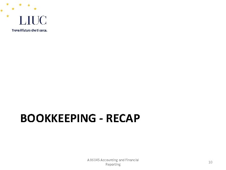 BOOKKEEPING - RECAP A 86045 Accounting and Financial Reporting 10 