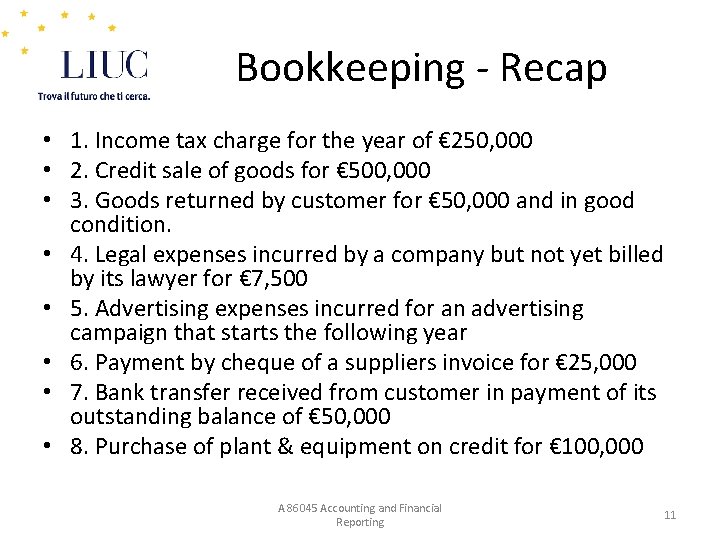 Bookkeeping - Recap • 1. Income tax charge for the year of € 250,
