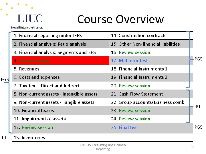 Course Overview 1. Financial reporting under IFRS 14. Construction contracts 2. Financial analysis: Ratio