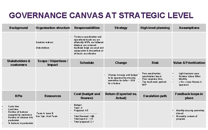 GOVERNANCE CANVAS AT STRATEGIC LEVEL Background Organisation structure • Decision makers: Stakeholders & customers