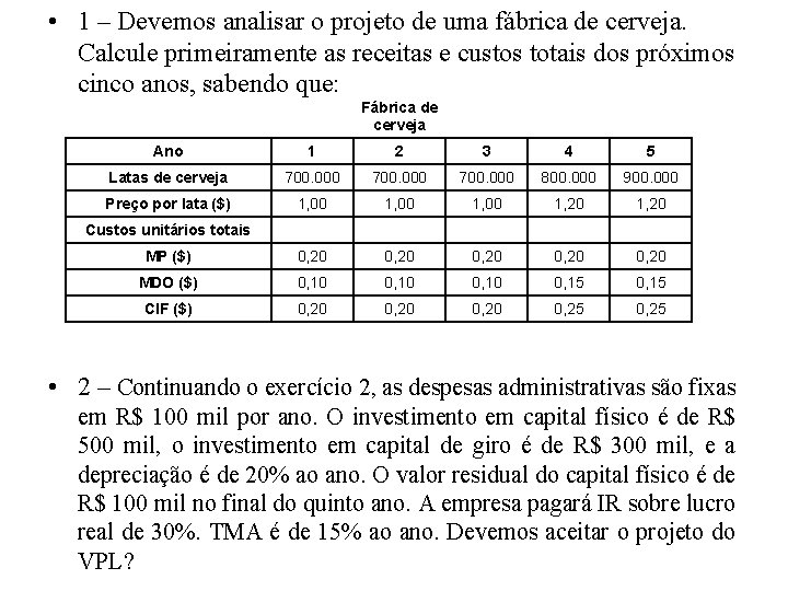  • 1 – Devemos analisar o projeto de uma fábrica de cerveja. Calcule