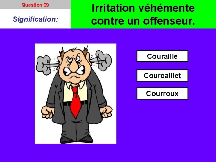 Question 09 Signification: Irritation véhémente contre un offenseur. Couraille Courcaillet Courroux 