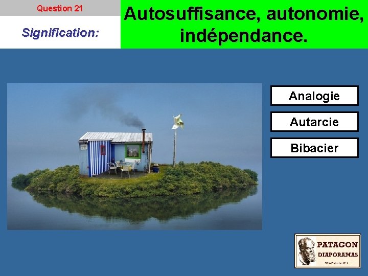 Question 21 Signification: Autosuffisance, autonomie, indépendance. Analogie Autarcie Bibacier 