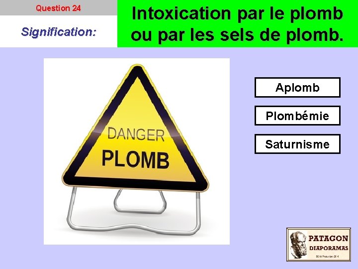 Question 24 Signification: Intoxication par le plomb ou par les sels de plomb. Aplomb