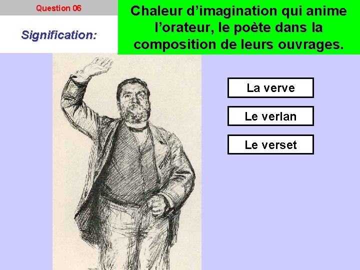 Question 06 Signification: Chaleur d’imagination qui anime l’orateur, le poète dans la composition de