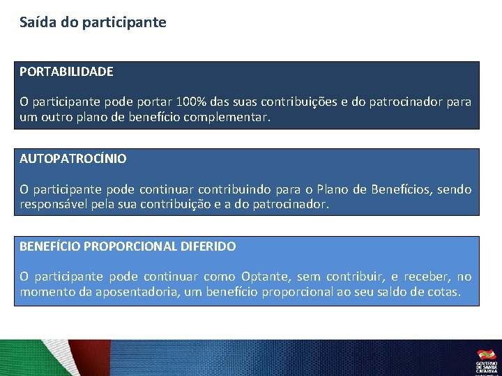 Saída do participante PORTABILIDADE O participante pode portar 100% das suas contribuições e do