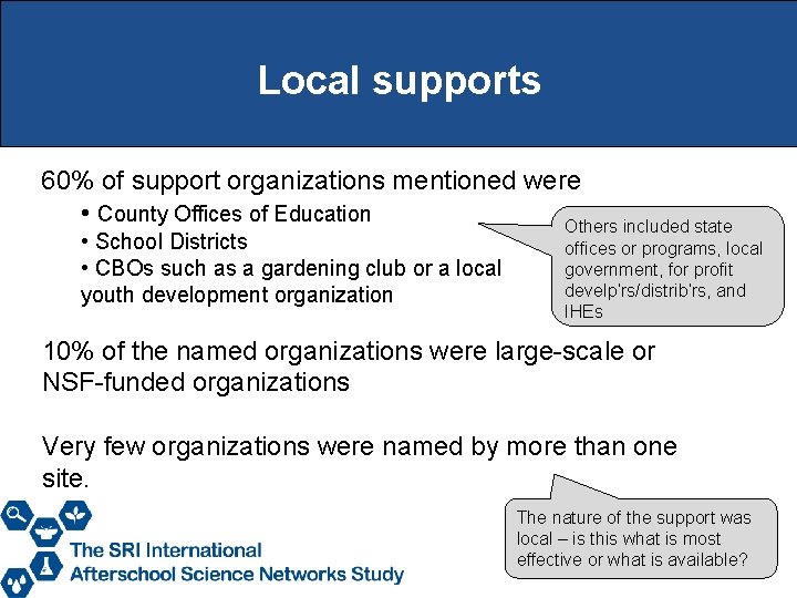 Local supports 60% of support organizations mentioned were • County Offices of Education Others