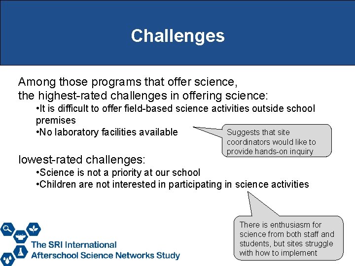 Challenges Among those programs that offer science, the highest-rated challenges in offering science: •