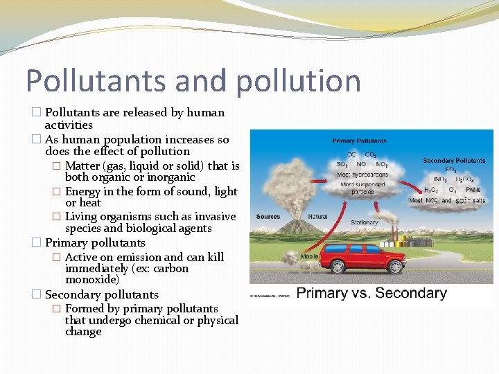 Pollutants and pollution � Pollutants are released by human activities � As human population