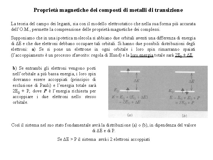 Proprietà magnetiche dei composti di metalli di transizione La teoria del campo dei leganti, Proprietà magnetiche dei composti di metalli di transizione La teoria del campo dei leganti,