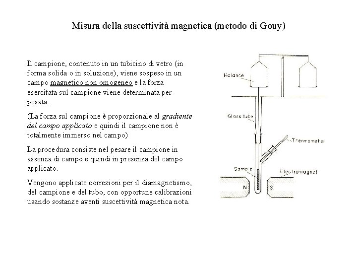 Misura della suscettività magnetica (metodo di Gouy) Il campione, contenuto in un tubicino di Misura della suscettività magnetica (metodo di Gouy) Il campione, contenuto in un tubicino di