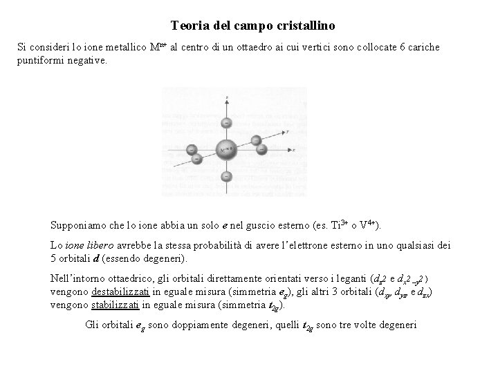 Teoria del campo cristallino Si consideri lo ione metallico Mn+ al centro di un Teoria del campo cristallino Si consideri lo ione metallico Mn+ al centro di un