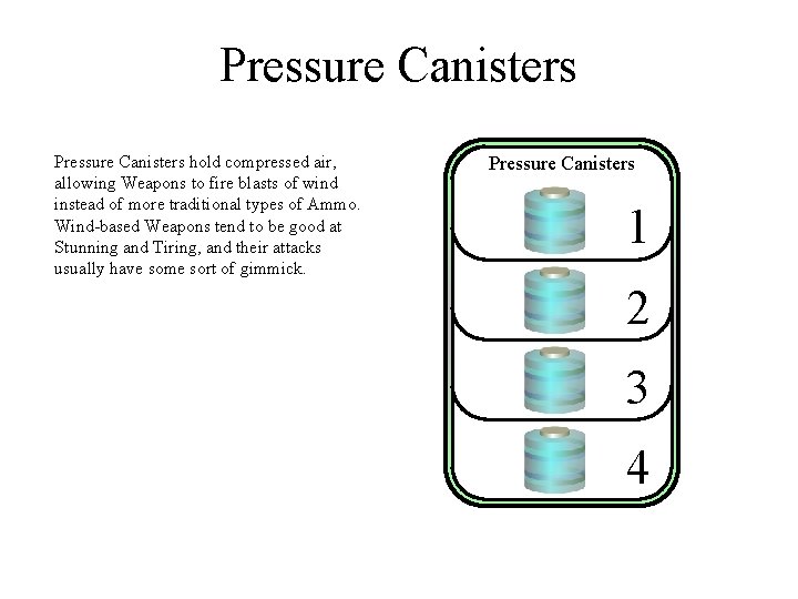 Pressure Canisters hold compressed air, allowing Weapons to fire blasts of wind instead of