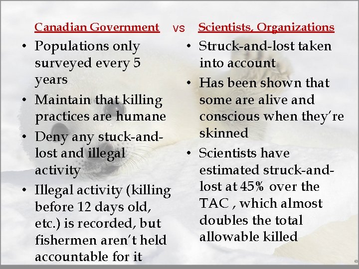 Canadian Government • Populations only surveyed every 5 years • Maintain that killing practices