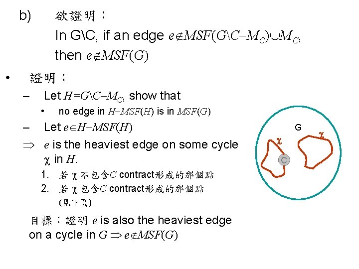 b) • 欲證明： In GC, if an edge e MSF(GC MC) MC, then e