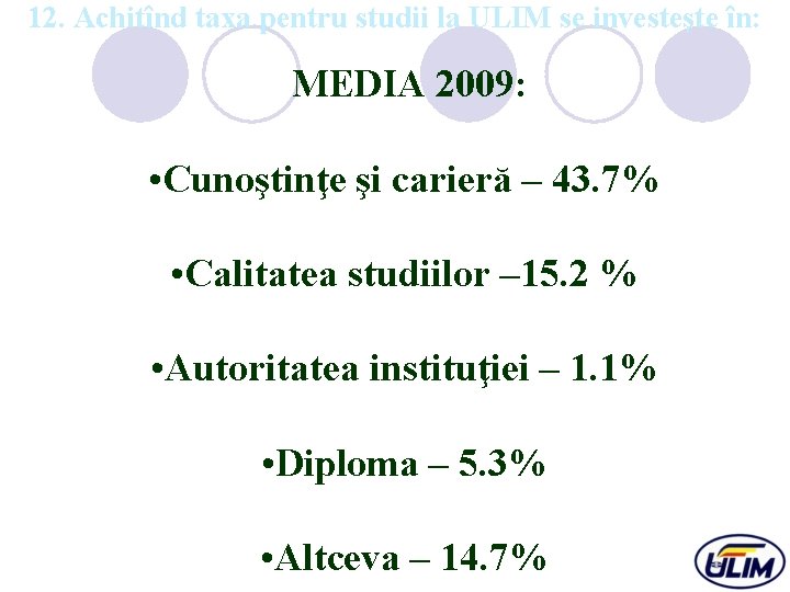 12. Achitînd taxa pentru studii la ULIM se investeşte în: MEDIA 2009: • Cunoştinţe