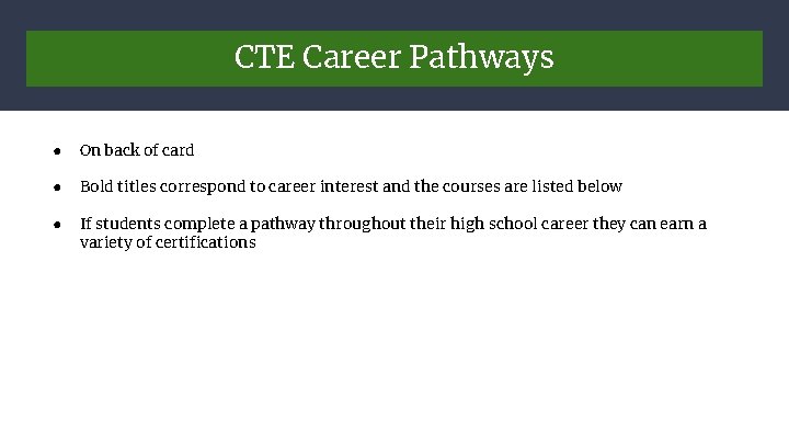 CTE Career Pathways ● On back of card ● Bold titles correspond to career