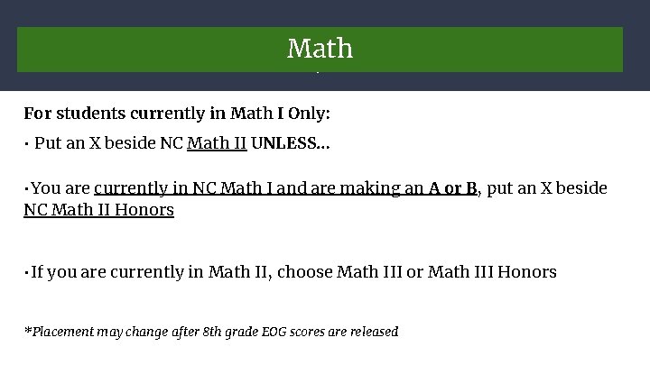 Math English For students currently in Math I Only: • Put an X beside