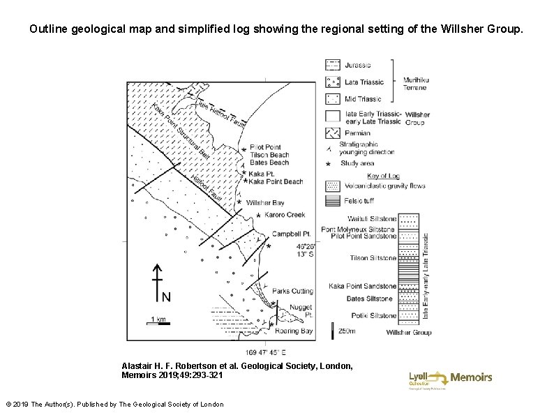 Outline geological map and simplified log showing the regional setting of the Willsher Group.