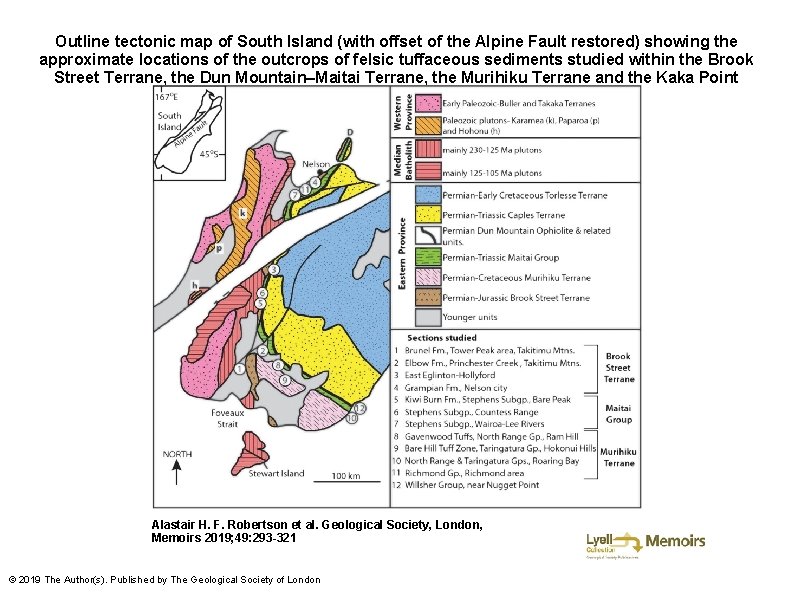 Outline tectonic map of South Island (with offset of the Alpine Fault restored) showing