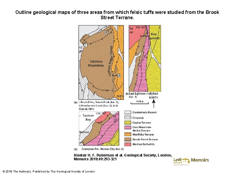 Outline geological maps of three areas from which felsic tuffs were studied from the