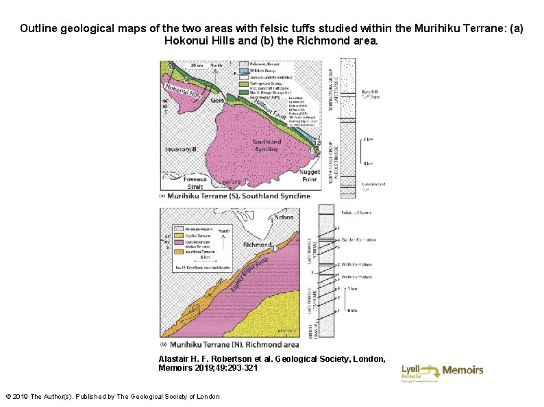 Outline geological maps of the two areas with felsic tuffs studied within the Murihiku