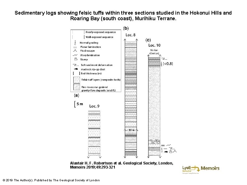 Sedimentary logs showing felsic tuffs within three sections studied in the Hokonui Hills and