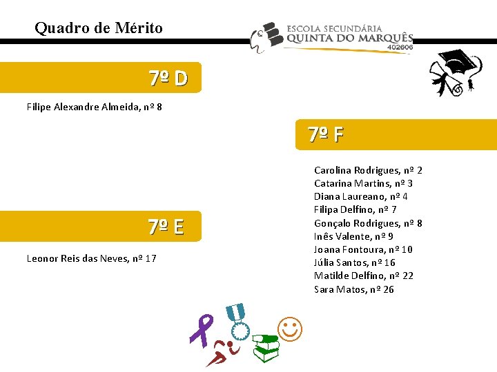 Quadro de Mérito 7º D Filipe Alexandre Almeida, nº 8 7º F Carolina Rodrigues,